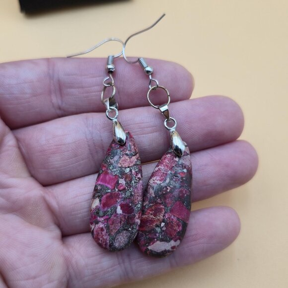 Silver Plated Over Copper Unique Jasper Stone Vintage Earrings A6022 - Picture 3 of 5